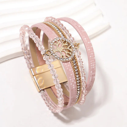 ALLYES Vintage Tree of Life Leather Bracelet for Women Multilayer Crystal Beads Chain Wrap Bracelets & Bangles Party Jewelry