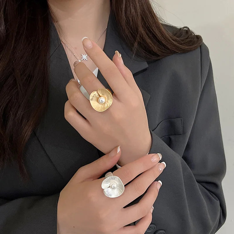 ALLYES Irregular Chunky Gold Silver Color Rings for Women Men Personality Elastic Rope Adjustable Finger Ring Fashion Jewelry