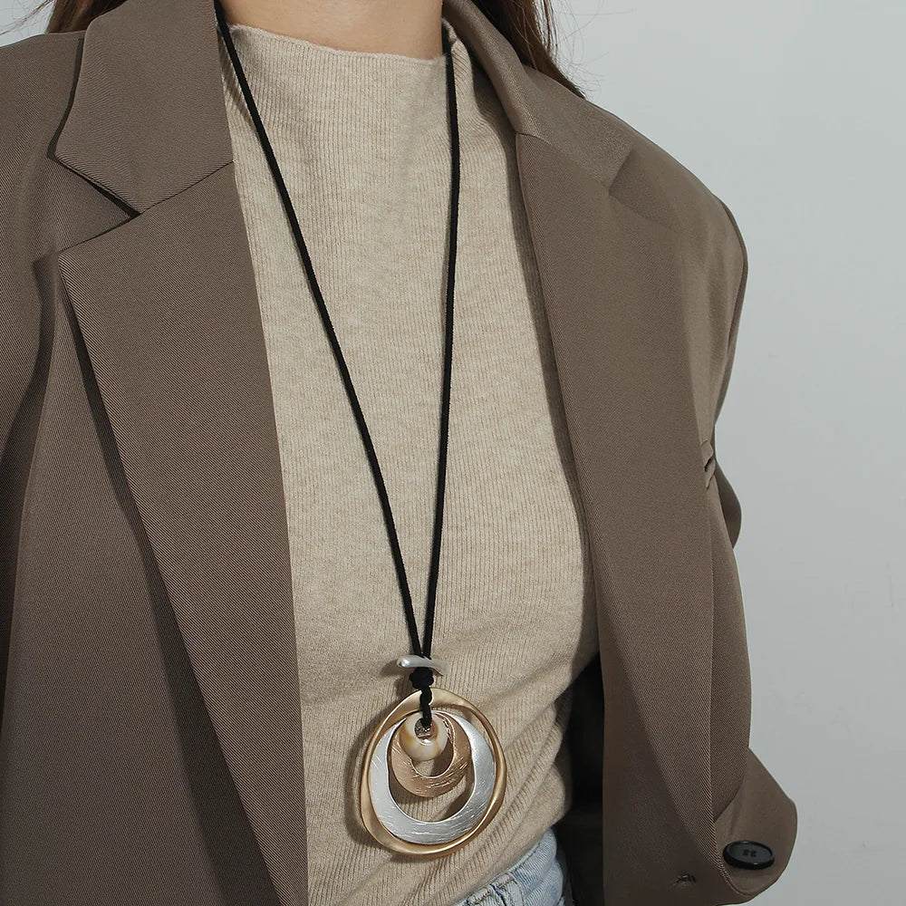 ALLYES Gold Color Multilayer Metal Circles Pendant Necklaces for Women Fashion Long Sweater Chain Collar Necklace Female Jewelry
