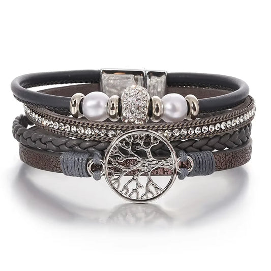 ALLYES Tree of Life Rhinestone Beads Pearl Leather Bracelets for Women Charm Bohemian Multilayer Wrap Bracelet Halloween Jewelry