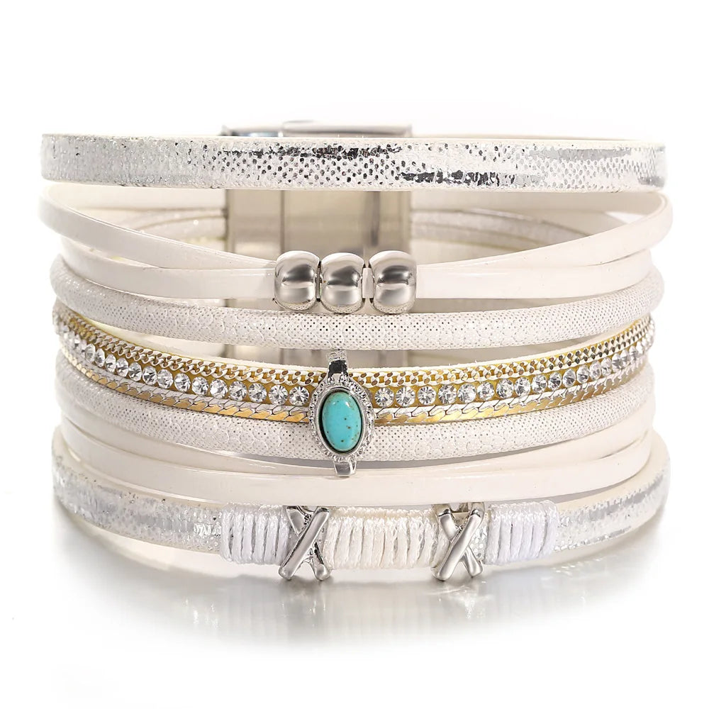 ALLYES Fashion Beads Cross Leather Bracelet for Women Men Chunky Rhinestone Chain Multilayer Wrap Wide Bracelets Party Jewelry