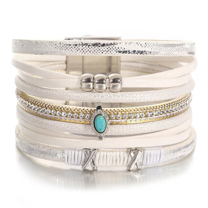 ALLYES Fashion Beads Cross Leather Bracelet for Women Men Chunky Rhinestone Chain Multilayer Wrap Wide Bracelets Party Jewelry