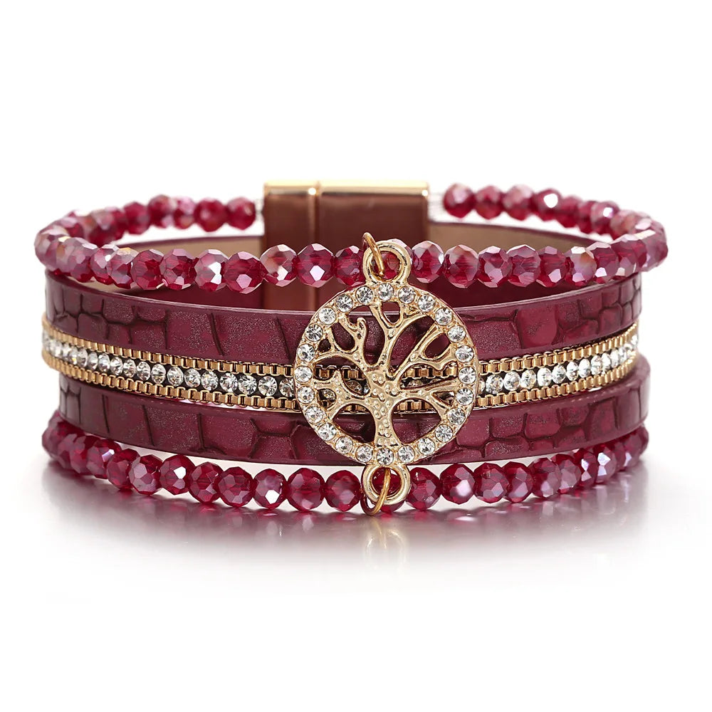 ALLYES Vintage Tree of Life Leather Bracelet for Women Multilayer Crystal Beads Chain Wrap Bracelets & Bangles Party Jewelry
