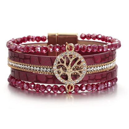 ALLYES Vintage Tree of Life Leather Bracelet for Women Multilayer Crystal Beads Chain Wrap Bracelets & Bangles Party Jewelry