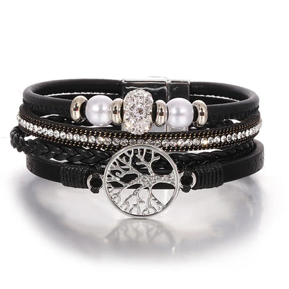 ALLYES Tree of Life Rhinestone Beads Pearl Leather Bracelets for Women Charm Bohemian Multilayer Wrap Bracelet Halloween Jewelry
