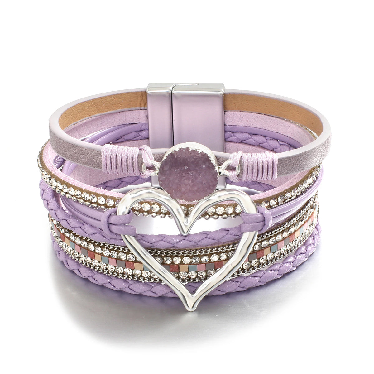 ALLYES Metal Love Heart Charm Leather Bracelets for Women Fashion Rhinestone Braided Wrap Bracelet Bangle Female Jewelry Gfits