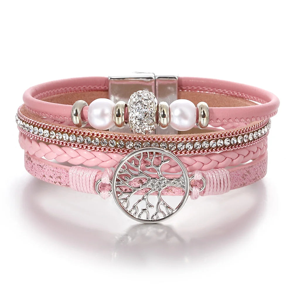 ALLYES Tree of Life Rhinestone Beads Pearl Leather Bracelets for Women Charm Bohemian Multilayer Wrap Bracelet Halloween Jewelry