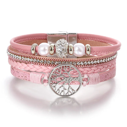 ALLYES Tree of Life Rhinestone Beads Pearl Leather Bracelets for Women Charm Bohemian Multilayer Wrap Bracelet Halloween Jewelry