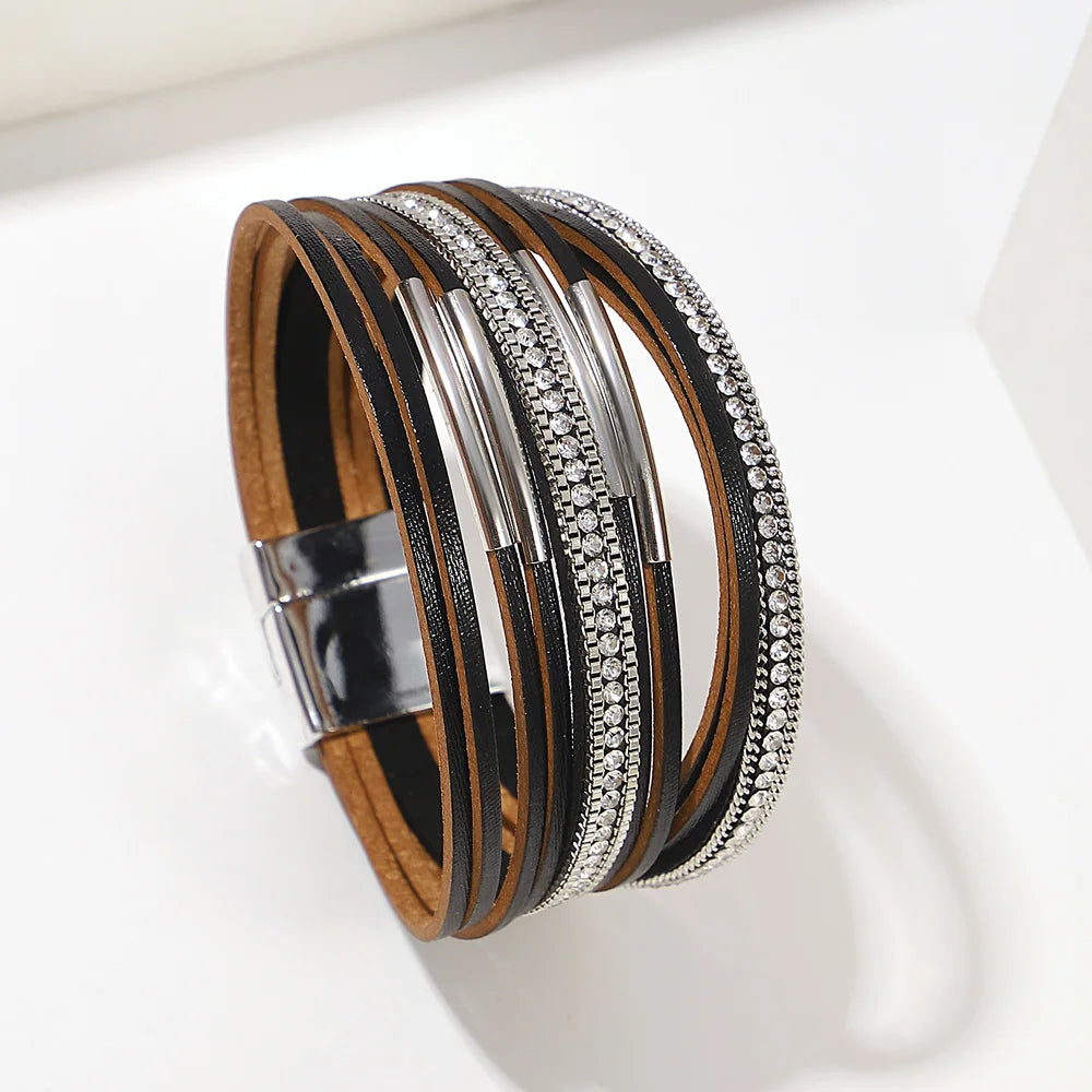 ALLYES Vintage Multilayer Wrap Leather Bracelet for Women Charm Rhinestone Metal Tube Wide Bangle Bracelets Party Jewelry Gifts