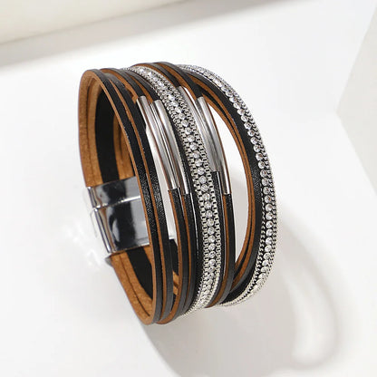 ALLYES Vintage Multilayer Wrap Leather Bracelet for Women Charm Rhinestone Metal Tube Wide Bangle Bracelets Party Jewelry Gifts