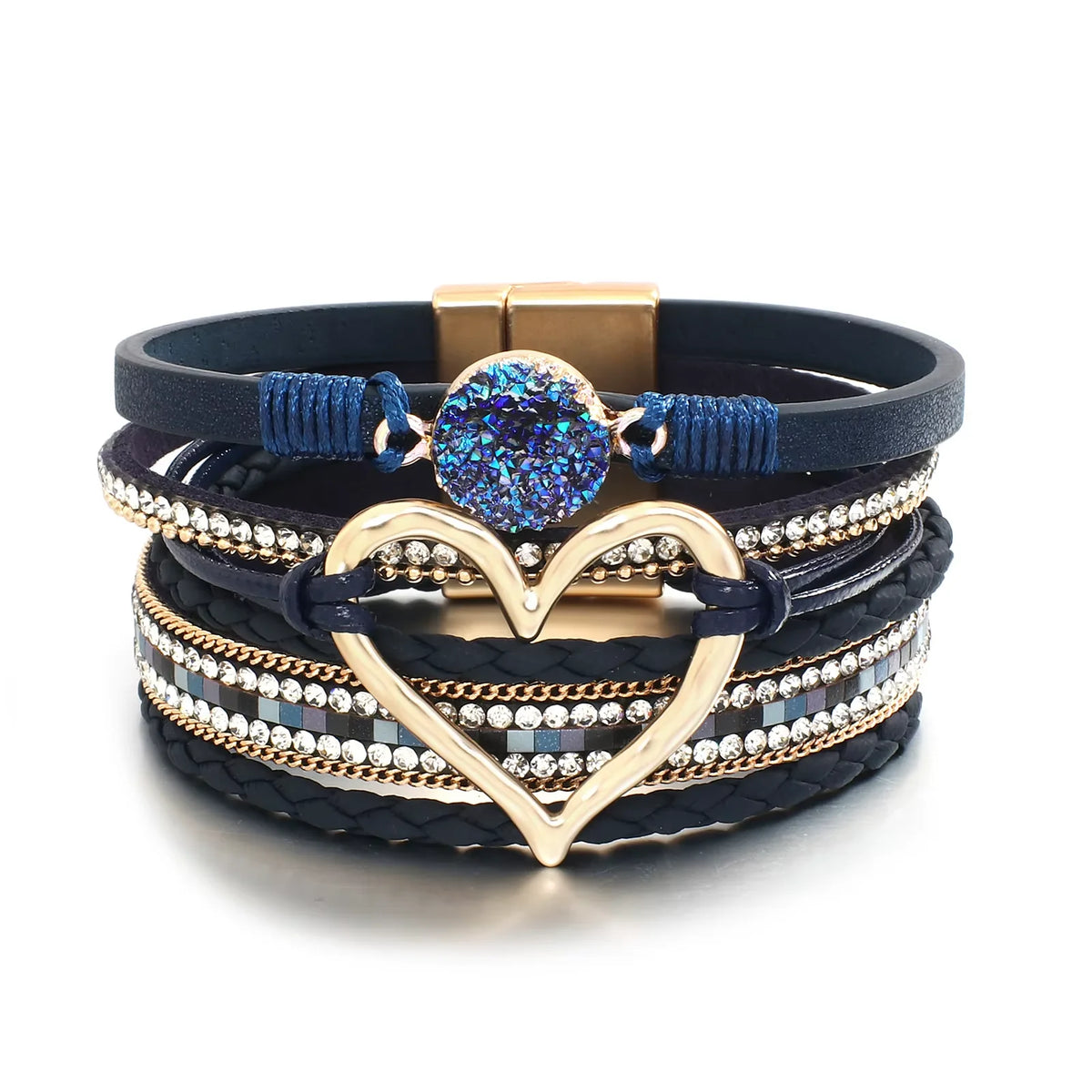 ALLYES Metal Love Heart Charm Leather Bracelets for Women Fashion Rhinestone Braided Wrap Bracelet Bangle Female Jewelry Gfits