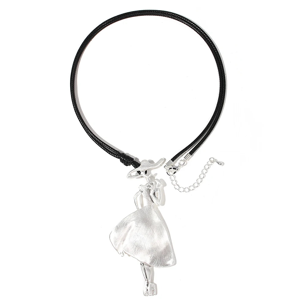 ALLYES Vintage Boho Long Leather Necklaces Elegant Matte Metal Women Pendant Necklace Sweater Chain Fall & Winter Jewelry