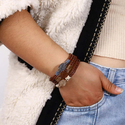 ALLYES Vintage Natural Stones Leather Bracelet for Women Men Boho Handmade Braided Multilayer Winding Wrap Bracelets Jewelry