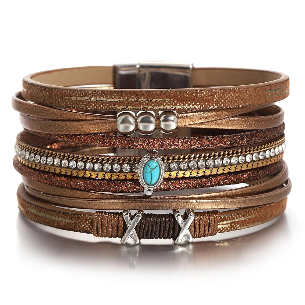 ALLYES Fashion Beads Cross Leather Bracelet for Women Men Chunky Rhinestone Chain Multilayer Wrap Wide Bracelets Party Jewelry
