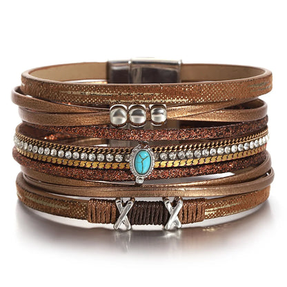 ALLYES Fashion Beads Cross Leather Bracelet for Women Men Chunky Rhinestone Chain Multilayer Wrap Wide Bracelets Party Jewelry