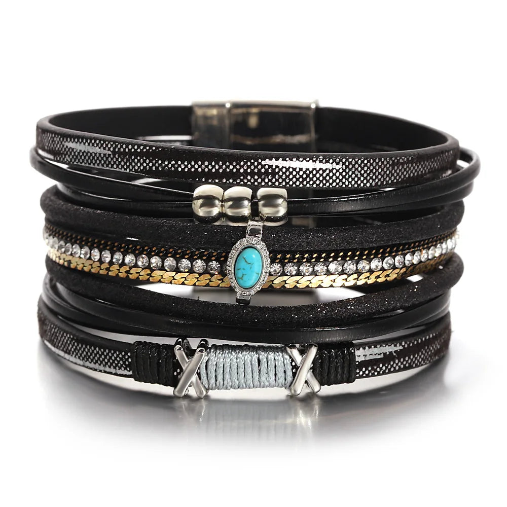 ALLYES Fashion Beads Cross Leather Bracelet for Women Men Chunky Rhinestone Chain Multilayer Wrap Wide Bracelets Party Jewelry