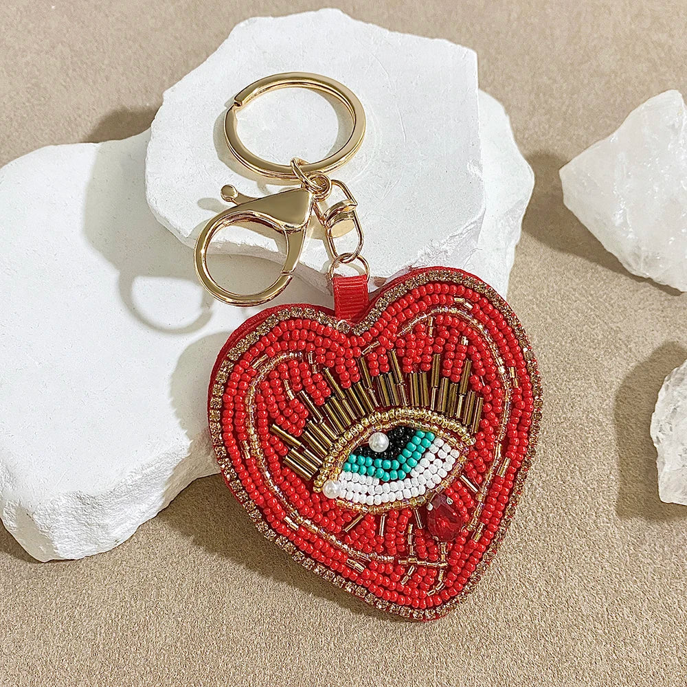 ALLYES Boho Red Blue Seed Beads Teardrop Hand-sewn Evil Eye Heart Keychain, Gothic Mobile Phone Handbag Hanging Charms Keyring