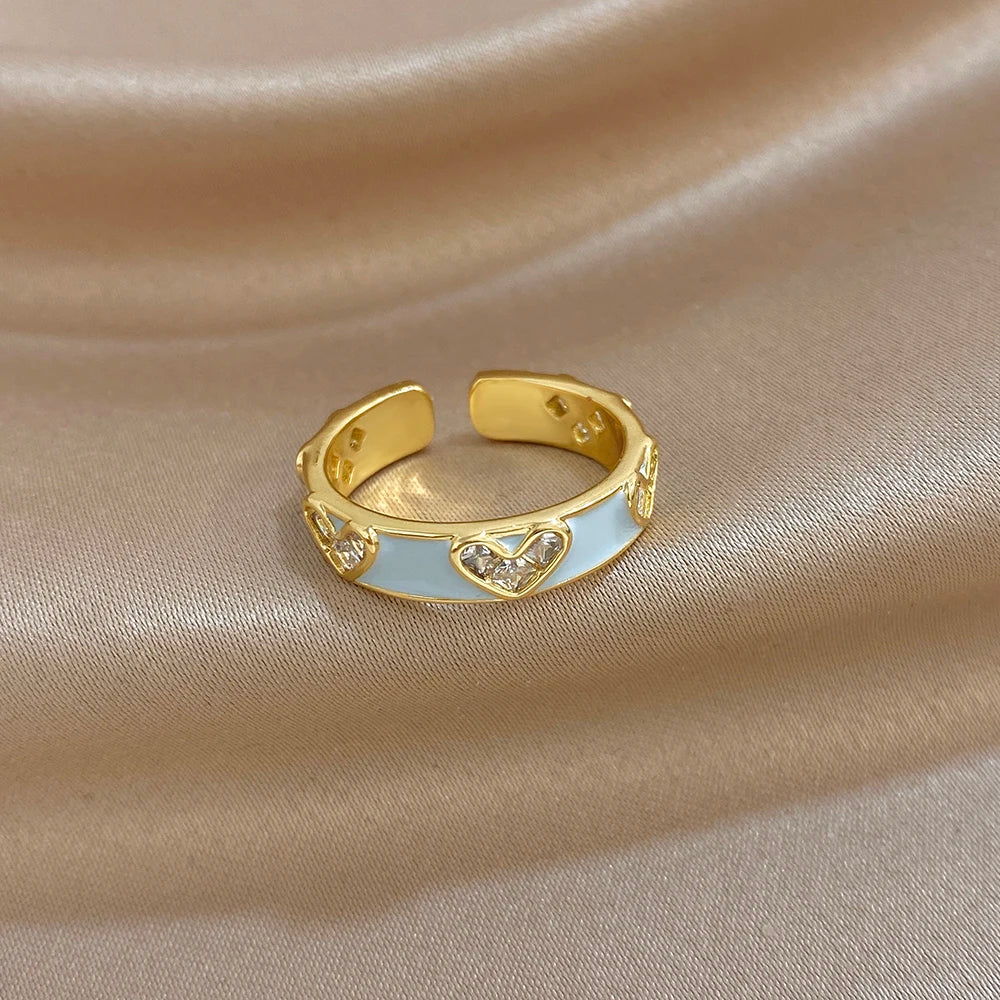 ALLYES Romantic Enamel Heart Zirconia Open Ring for Women Exquisite Gold Plated Copper Finger Rings Valentine's Day Gifts