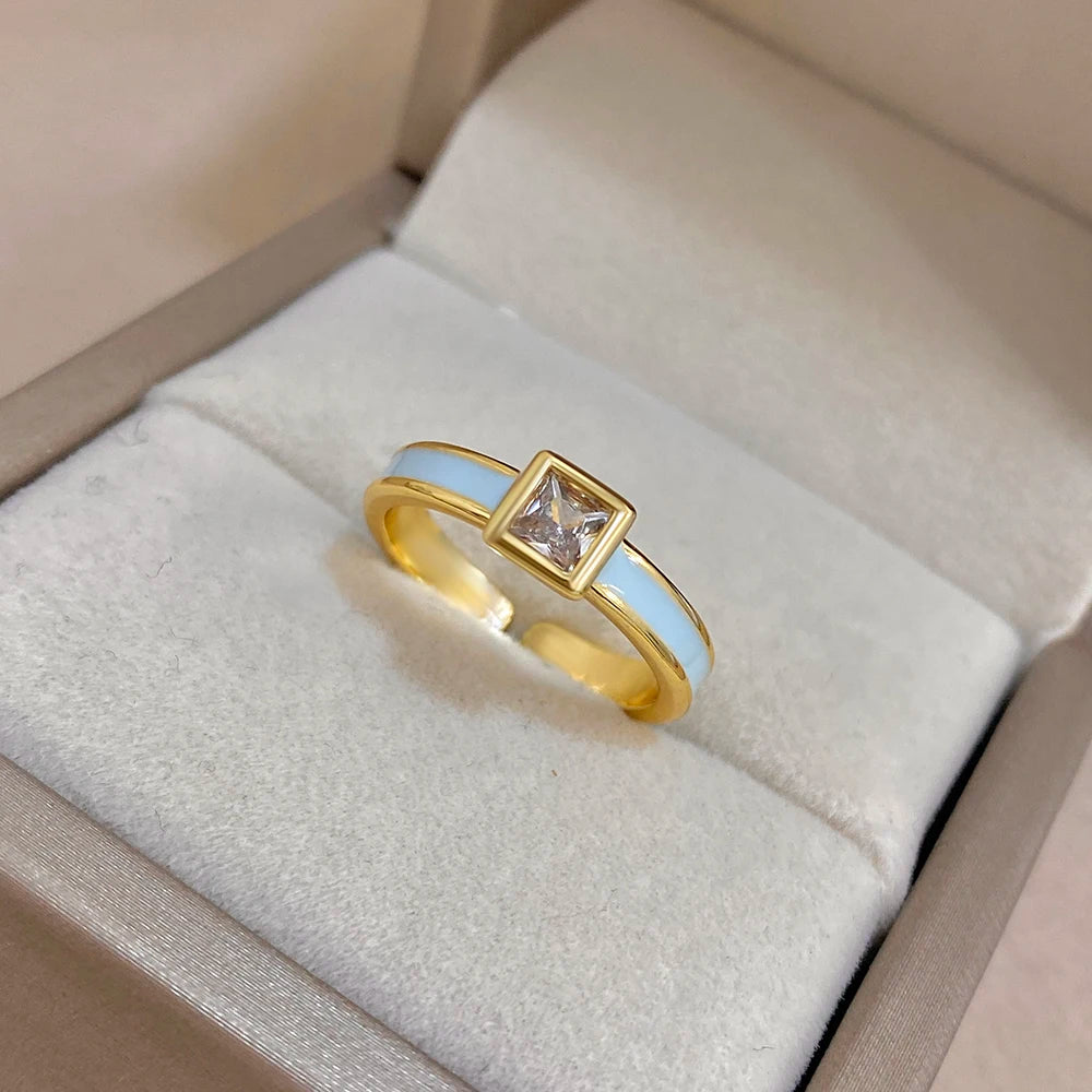 ALLYES Chic Enamel Square Zirconia Open Ring for Women Exquisite Gold Plated Copper Finger Rings Valentine's Day Gifts