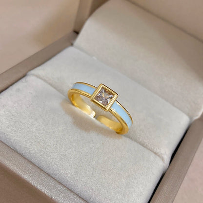 ALLYES Chic Enamel Square Zirconia Open Ring for Women Exquisite Gold Plated Copper Finger Rings Valentine's Day Gifts