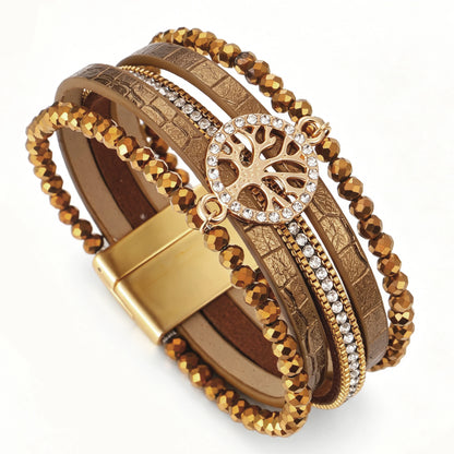 ALLYES Vintage Tree of Life Leather Bracelet for Women Multilayer Crystal Beads Chain Wrap Bracelets & Bangles Party Jewelry