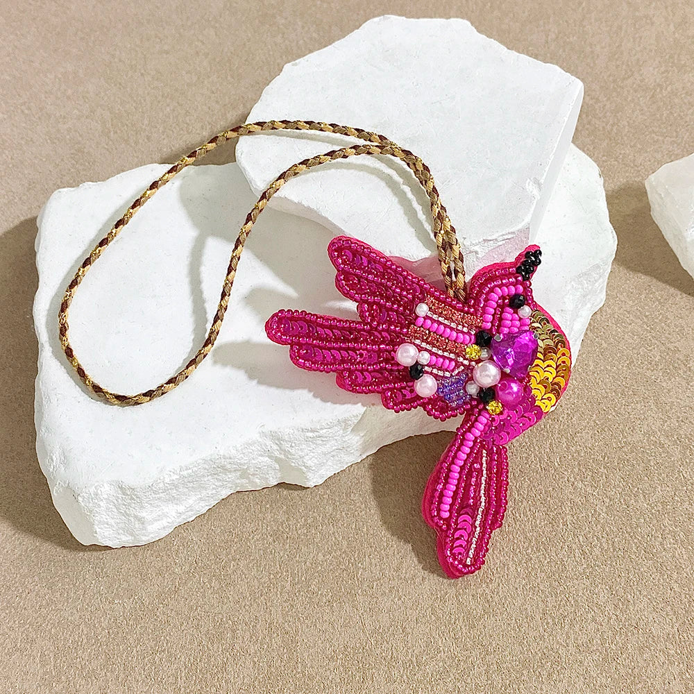 ALLYES Chic Cute Rose Red Seed Beads Sequins Hand-sewn Bird Keychain, Fashion Mobile Phone Handbag Hanging Charms Keyring