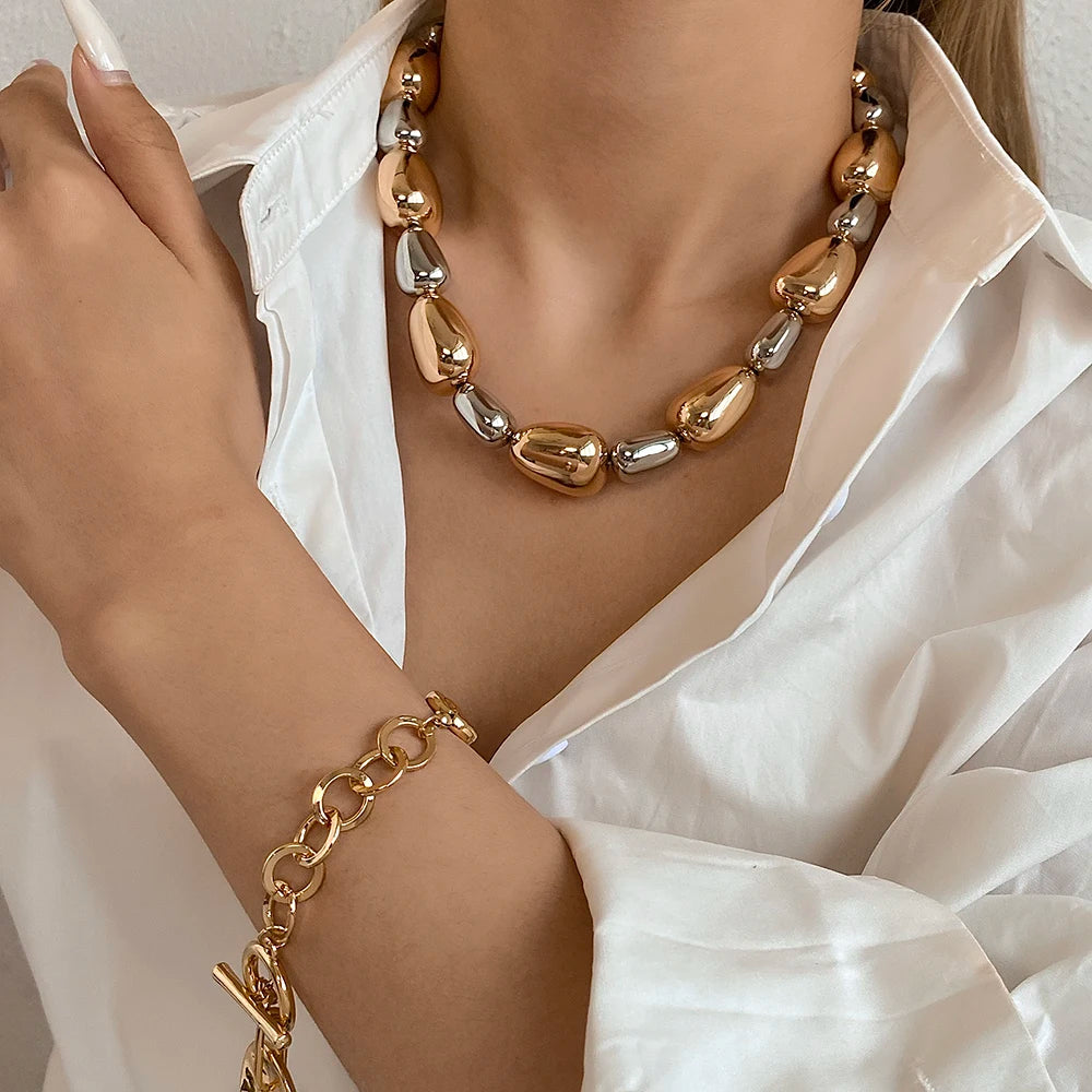 ALLYES Irregular Two Tone Waterdrop Beads Necklaces for Women Y2K Punk Rock Gold Color Thick Chain Necklace Choker Party Jewelry