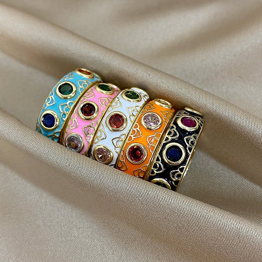 ALLYES Vintage Colorful Rhinestone Enamel Finger Rings Charm Chunky Gold Color Opening Ring Jewelry Gifts