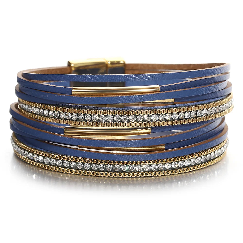 ALLYES Vintage Multilayer Wrap Leather Bracelet for Women Charm Rhinestone Metal Tube Wide Bangle Bracelets Party Jewelry Gifts