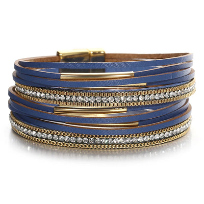 ALLYES Vintage Multilayer Wrap Leather Bracelet for Women Charm Rhinestone Metal Tube Wide Bangle Bracelets Party Jewelry Gifts