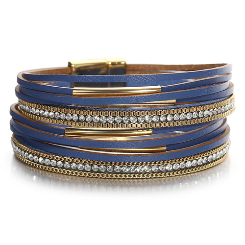 ALLYES Vintage Multilayer Wrap Leather Bracelet for Women Charm Rhinestone Metal Tube Wide Bangle Bracelets Party Jewelry Gifts