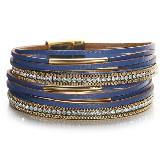 ALLYES Vintage Multilayer Wrap Leather Bracelet for Women Charm Rhinestone Metal Tube Wide Bangle Bracelets Party Jewelry Gifts
