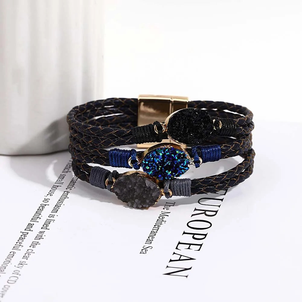 ALLYES Vintage Natural Stones Leather Bracelet for Women Men Boho Handmade Braided Multilayer Winding Wrap Bracelets Jewelry