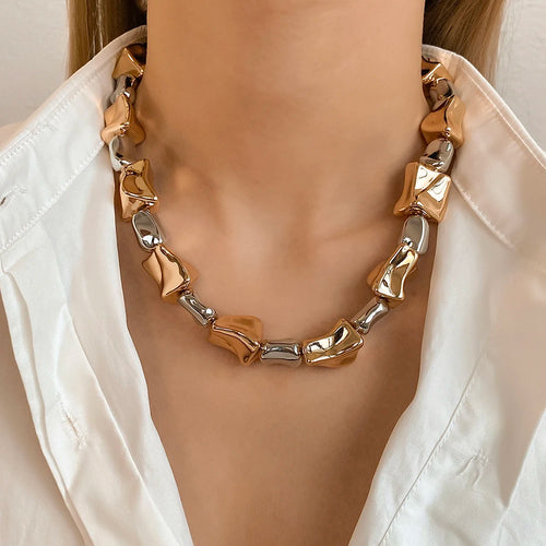 ALLYES Irregular Two Tone Geometric Beads Necklaces for Women Y2K Punk Rock Gold Color Thick Chain Necklace Choker Party Jewelry