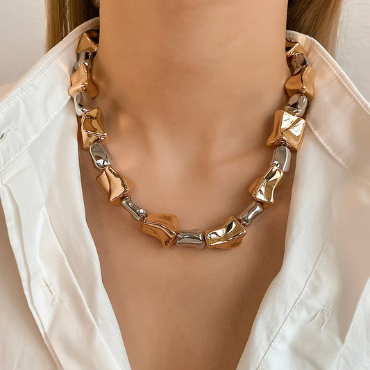 ALLYES Irregular Two Tone Geometric Beads Necklaces for Women Y2K Punk Rock Gold Color Thick Chain Necklace Choker Party Jewelry