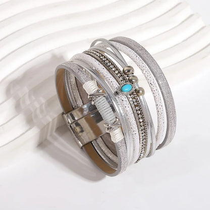 ALLYES Fashion Beads Cross Leather Bracelet for Women Men Chunky Rhinestone Chain Multilayer Wrap Wide Bracelets Party Jewelry