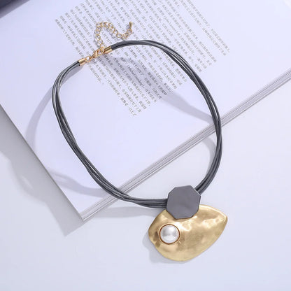 ALLYES Irregular Inlaid Pearl Choker Necklace for Women Vintage Geometric Metal Multilayer Leather Necklaces Clavicle Jewelry