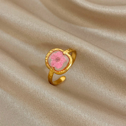 ALLYES Vintage Natural Rose Red Flower Open Rings for Women Elegant Gold Plated Stainless Steel Finger Ring Party Jewelry Gifts