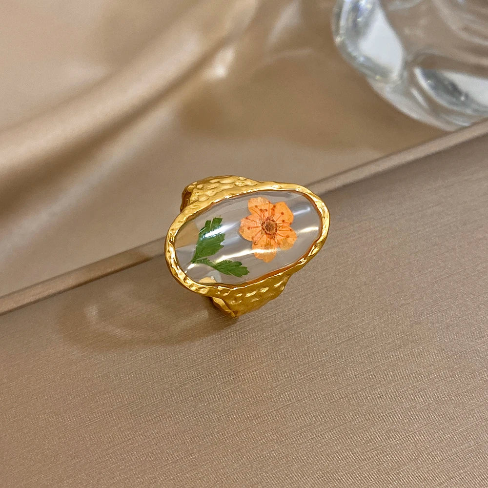 ALLYES Elegant Natural Flower Plant Oval Open Rings for Women Hammered Gold Plated Stainless Steel Finger Ring Jewelry Gifts