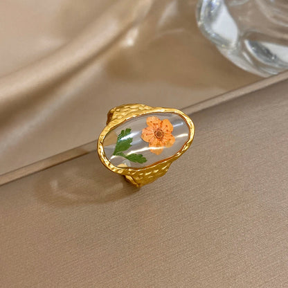 ALLYES Elegant Natural Flower Plant Oval Open Rings for Women Hammered Gold Plated Stainless Steel Finger Ring Jewelry Gifts