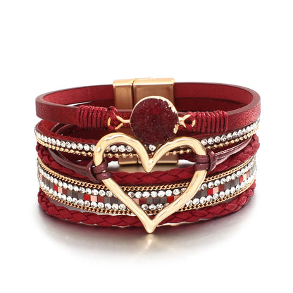 ALLYES Metal Love Heart Charm Leather Bracelets for Women Fashion Rhinestone Braided Wrap Bracelet Bangle Female Jewelry Gfits