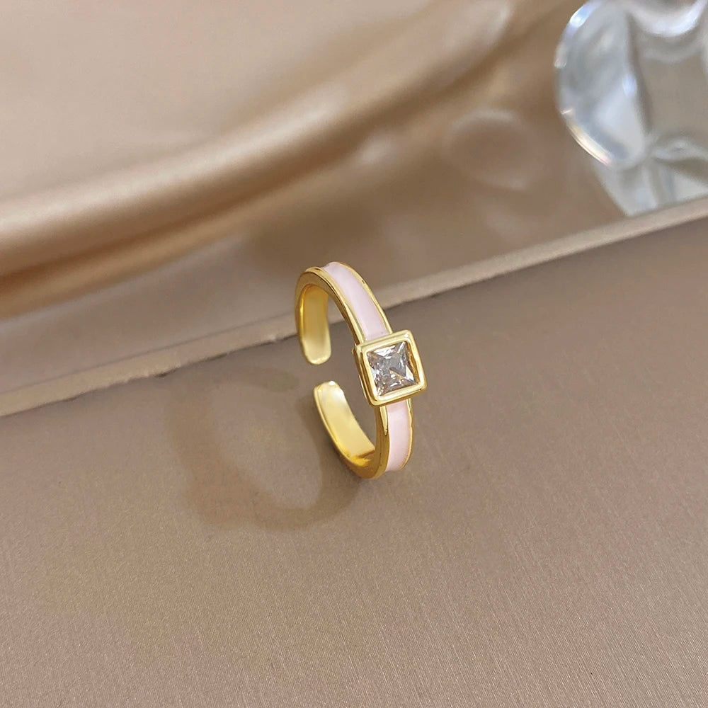 ALLYES Chic Enamel Square Zirconia Open Ring for Women Exquisite Gold Plated Copper Finger Rings Valentine's Day Gifts