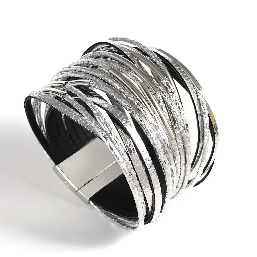 ALLYES Trendy Metal Tube Leather Bracelet for Women Men Chunky Glitter Filled Slim Multilayer Wrap Wide Bracelets Party Jewelry