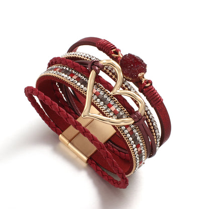 ALLYES Metal Love Heart Charm Leather Bracelets for Women Fashion Rhinestone Braided Wrap Bracelet Bangle Female Jewelry Gfits