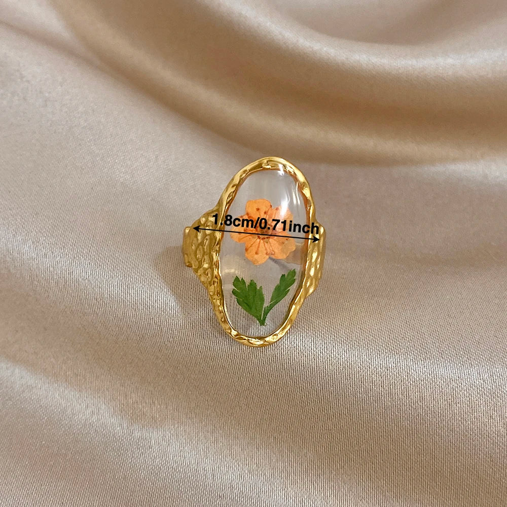 ALLYES Elegant Natural Flower Plant Oval Open Rings for Women Hammered Gold Plated Stainless Steel Finger Ring Jewelry Gifts