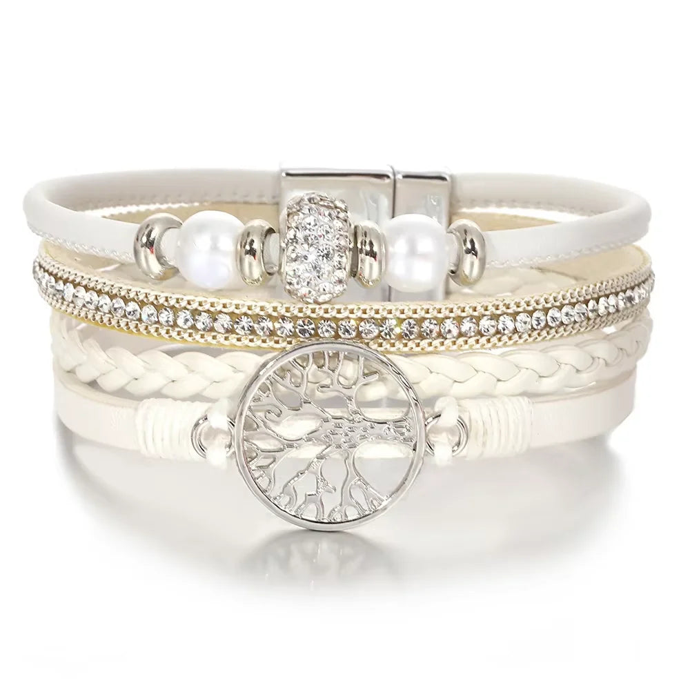 ALLYES Tree of Life Rhinestone Beads Pearl Leather Bracelets for Women Charm Bohemian Multilayer Wrap Bracelet Halloween Jewelry