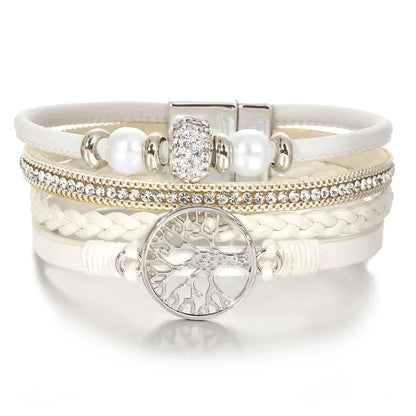 ALLYES Tree of Life Rhinestone Beads Pearl Leather Bracelets for Women Charm Bohemian Multilayer Wrap Bracelet Halloween Jewelry