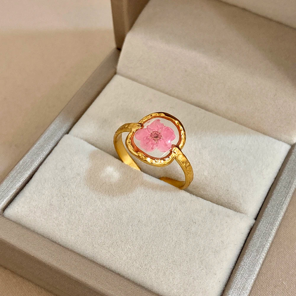 ALLYES Vintage Natural Rose Red Flower Open Rings for Women Elegant Gold Plated Stainless Steel Finger Ring Party Jewelry Gifts