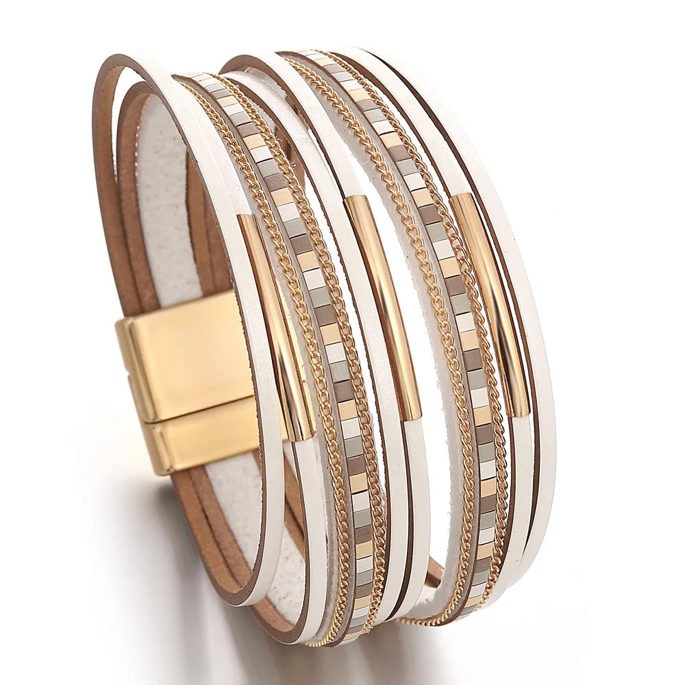 ALLYES Trendy Colorful Square Leather Bracelet for Women Men Boho Metal Tube Multilayer Wrap Wide Bracelets Charm Party Jewelry