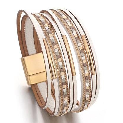ALLYES Trendy Colorful Square Leather Bracelet for Women Men Boho Metal Tube Multilayer Wrap Wide Bracelets Charm Party Jewelry